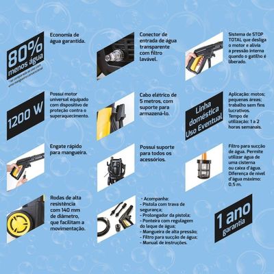Lavadora De Alta Pressão 1200 W Para Uso Eventual Com Mangueira Alta Pressão 3 M Jato Reg