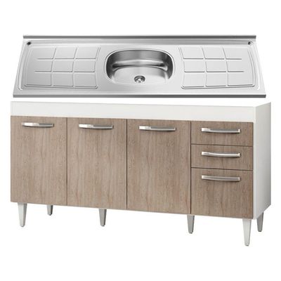 Balcão Gabinete áustria E Pia Inox 160cm 4 Portas - Lumil Móveis Branco-castanho