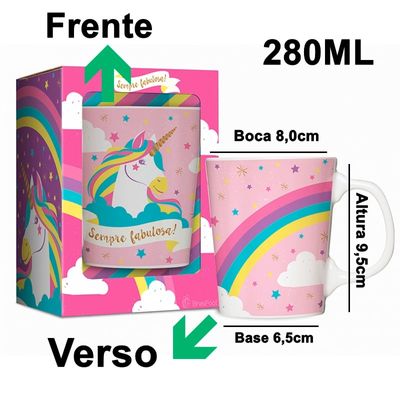 Caneca Porcelana Premium BrasFoot Bichinhos 280 ML Unicórnio Branco