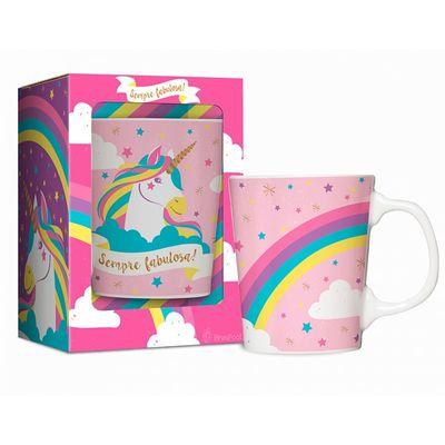 Caneca Porcelana Premium BrasFoot Bichinhos 280 ML Unicórnio Branco