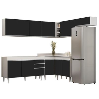 Armário De Cozinha Modulado De Canto 7 Peças Cp22 Balcão Sem Tampo Branco/preto - Lumil