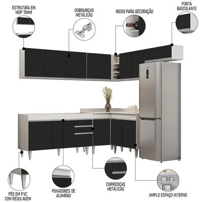 Armário De Cozinha Modulado De Canto 7 Peças Cp22 Balcão Sem Tampo Branco/preto - Lumil