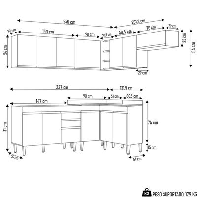 Armário De Cozinha Modulado De Canto 7 Peças Cp22 Balcão Sem Tampo Branco/preto - Lumil