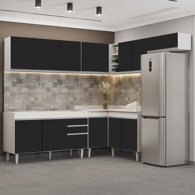 Armário De Cozinha Modulado De Canto 7 Peças Cp22 Balcão Sem Tampo Branco/preto - Lumil