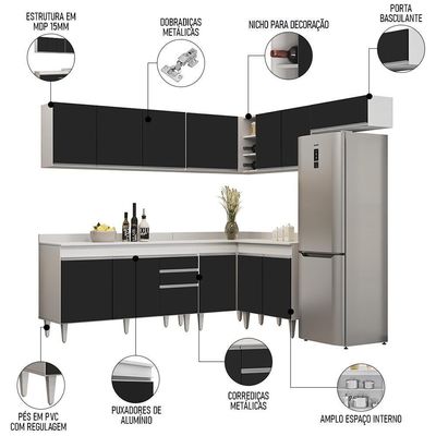Armário De Cozinha Modulado De Canto 7 Peças Cp23 Balcão Com Tampo Branco/preto - Lumil