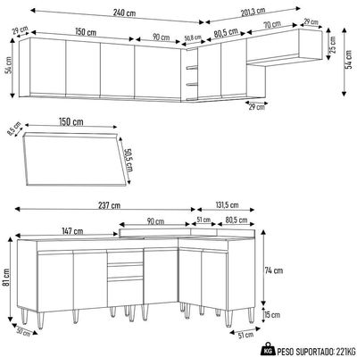 Armário De Cozinha Modulado De Canto 7 Peças Cp23 Balcão Com Tampo Branco/preto - Lumil
