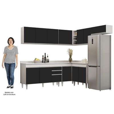 Armário De Cozinha Modulado De Canto 7 Peças Cp23 Balcão Com Tampo Branco/preto - Lumil