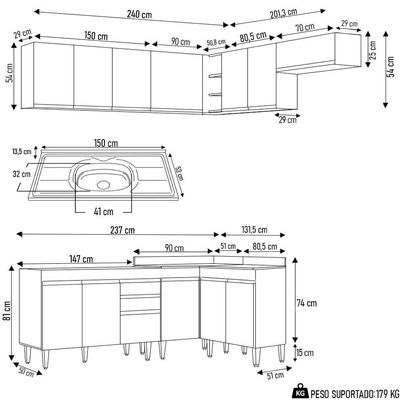 Armário De Cozinha Modulado De Canto 7 Peças Cp24 Com Pia Inox Branco/preto - Lumil