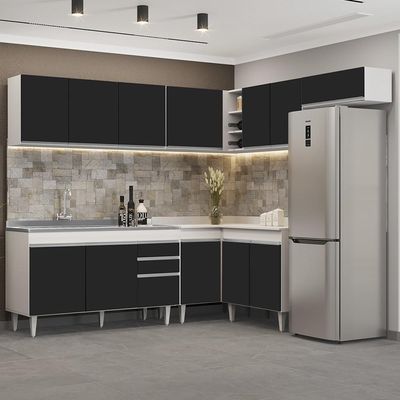 Armário De Cozinha Modulado De Canto 7 Peças Cp24 Com Pia Inox Branco/preto - Lumil