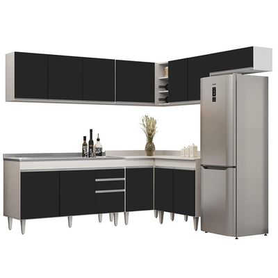 Armário De Cozinha Modulado De Canto 7 Peças Cp24 Com Pia Inox Branco/preto - Lumil