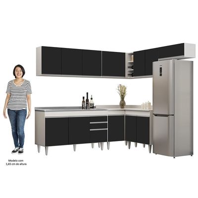 Armário De Cozinha Modulado De Canto 7 Peças Cp24 Com Pia Inox Branco/preto - Lumil