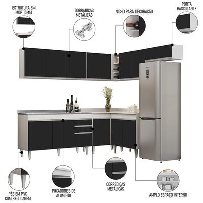Armário De Cozinha Modulado De Canto 7 Peças Cp24 Com Pia Inox Branco/preto - Lumil