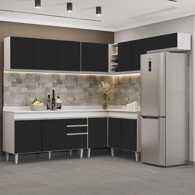 Armário De Cozinha Modulado De Canto 7 Peças Cp23 Balcão Com Tampo Branco/preto - Lumil