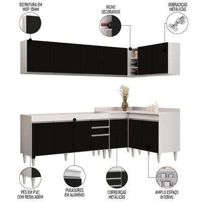 Armário De Cozinha Modulado De Canto 6 Peças Cp31 Balcão Sem Tampo Branco/preto - Lumil
