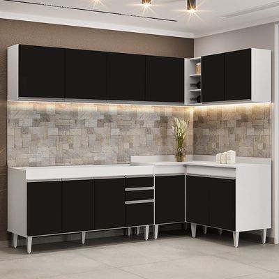 Armário De Cozinha Modulado De Canto 6 Peças Cp31 Balcão Sem Tampo Branco/preto - Lumil