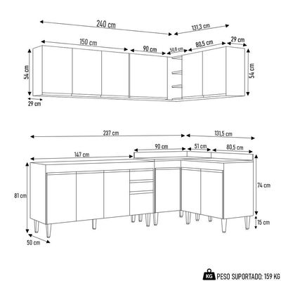 Armário De Cozinha Modulado De Canto 6 Peças Cp31 Balcão Sem Tampo Branco/preto - Lumil