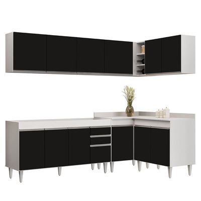 Armário De Cozinha Modulado De Canto 6 Peças Cp31 Balcão Sem Tampo Branco/preto - Lumil