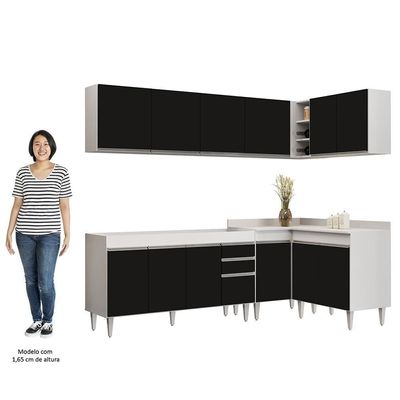 Armário De Cozinha Modulado De Canto 6 Peças Cp31 Balcão Sem Tampo Branco/preto - Lumil