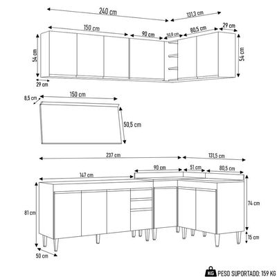 Armário De Cozinha Modulado De Canto 6 Peças Cp32 Balcão Com Tampo Branco/preto - Lumil