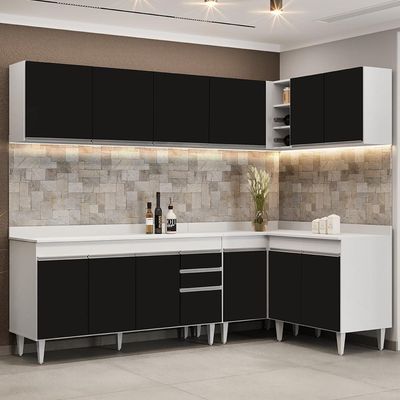 Armário De Cozinha Modulado De Canto 6 Peças Cp32 Balcão Com Tampo Branco/preto - Lumil