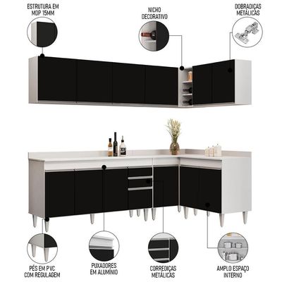 Armário De Cozinha Modulado De Canto 6 Peças Cp32 Balcão Com Tampo Branco/preto - Lumil