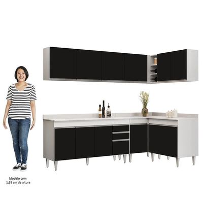 Armário De Cozinha Modulado De Canto 6 Peças Cp32 Balcão Com Tampo Branco/preto - Lumil