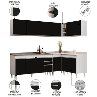 Armário De Cozinha Modulado De Canto 6 Peças Cp33 Com Pia Inox Branco/preto - Lumil