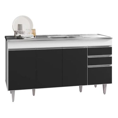 Armário De Cozinha Modulado De Canto 6 Peças Cp33 Com Pia Inox Branco/preto - Lumil