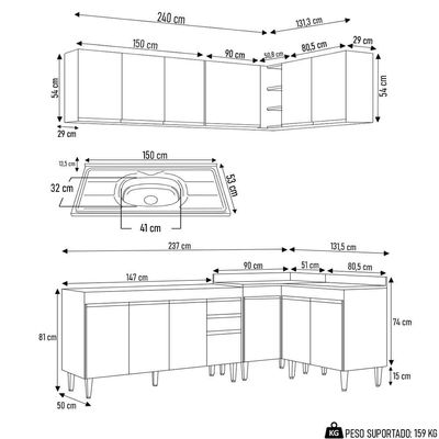 Armário De Cozinha Modulado De Canto 6 Peças Cp33 Com Pia Inox Branco/preto - Lumil