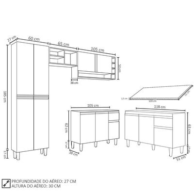 Cozinha Compacta Vanessa E Balcão Gabinete Com Tampo Tatiane 120cm Branco - Ajl Móveis