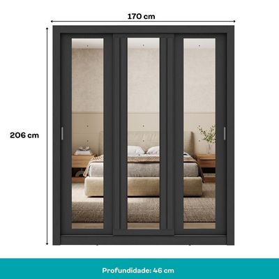 Guarda Roupa Casal 3 Portas Doha Prime 2 Gavetas Carraro Ripado Preto Touch