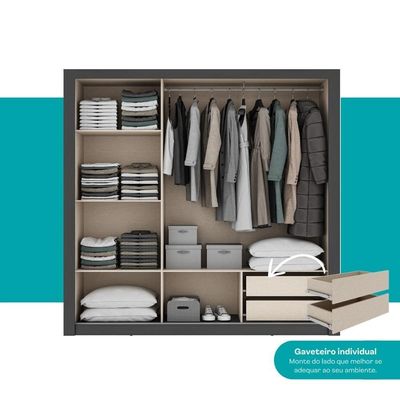 Guarda Roupa Casal 3 Portas Doha Prime 2 Gavetas Carraro Ripado Preto Touch