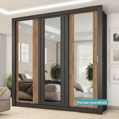 Guarda Roupa Casal 3 Portas Doha Prime 2 Gavetas Carraro Ripado Preto Touch