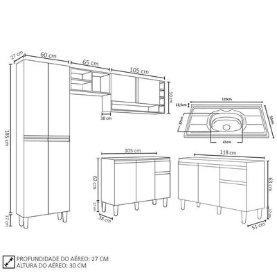 Cozinha Compacta Vanessa E Balcão Gabinete Com Pia Tatiane 120cm Branco - Ajl Móveis