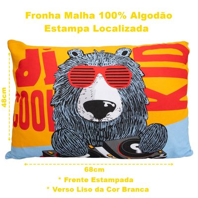 Fronha Portallar Malha 100% Algodão Estampa Localizada Dj Urso 48cmx68cm Branco
