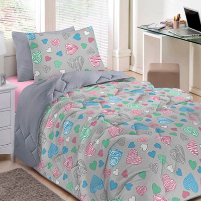 Edredom Buettner Solteiro Malha 100% Algodão Basic Estampado Amores 150mx220m Cinza