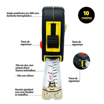 Trena 10 Metros Magnética 3 Travas Emborrachada 25mm