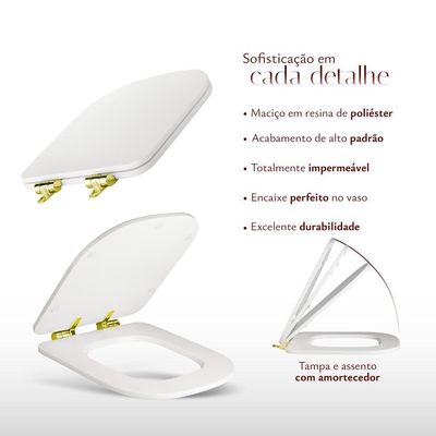 Assento Poliester Soft Close Antimicrobiano Piano Branco Para Vaso Deca Com Ferragem Dourada