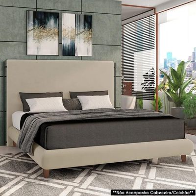 Cama Queen Base Box 158x198cm Pés Madeira Cold P02 Veludo Bege - Mpozenato