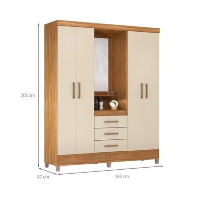 Guarda-Roupa Solteiro com Espelho Capelinha 4 Portas 3 Gavetas Amêndoa e Off White
