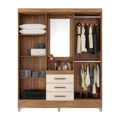 Guarda-Roupa Solteiro com Espelho Capelinha 4 Portas 3 Gavetas Amêndoa e Off White