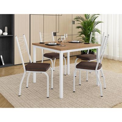 Conjunto de Mesa Quadrada com Tampo MDP e 4 Cadeiras Adriana Revestimento Sintético Marrom e Branco