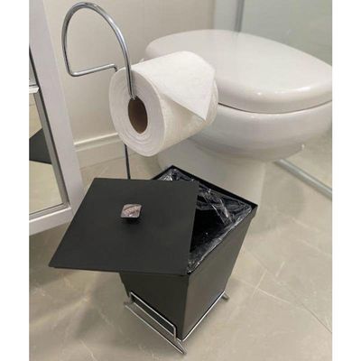 Kit 2 Lixeiras Com Suporte De Papel Higiênico - Stolf Preto + Preto