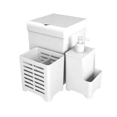 Kit Pia 3 Peças Lixeira Dispenser Porta Talher Cozinha - Stolf Branco