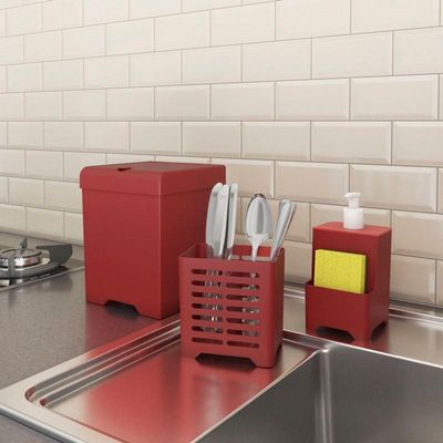 Kit Pia 3 Peças Lixeira Dispenser Porta Talher Cozinha - Stolf Vermelho