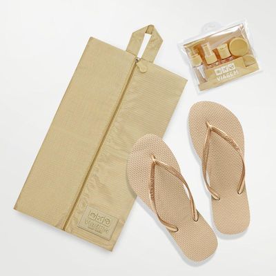 Conjunto Bolsa Porta Sapato Estampa Lisa 3 Peças Bege