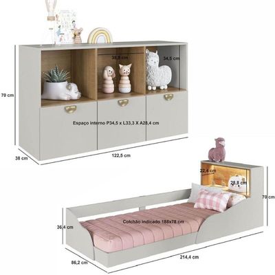 Quarto Infantil com Cama Solteiro Montessoriana com Led e Cômoda 3 Portas Lille CJ082