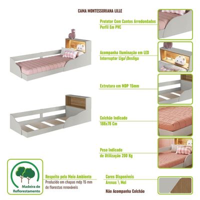 Quarto Infantil com Cama de Solteiro Montessoriana com Led e Cômoda Lille CJ080
