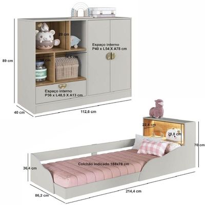 Quarto Infantil com Cama de Solteiro Montessoriana com Led e Cômoda Lille CJ081