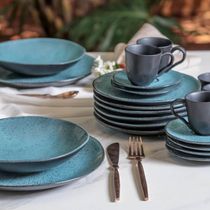Aparelho de Jantar Orgânico Petroleum 30 Peças Porto Brasil Cerâmica Stoneware Azul Mesa Posta